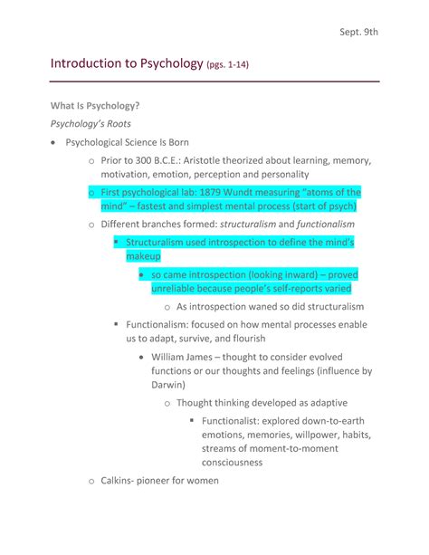 Introduction To Psychology Notes Lecture Notes Lecture Sept Th