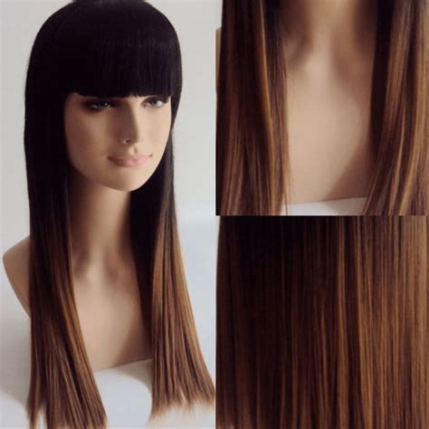 Ombre Wig With Bangs﻿ Straight Long With 100 Human Hair And 150 180 And 250 Density With A