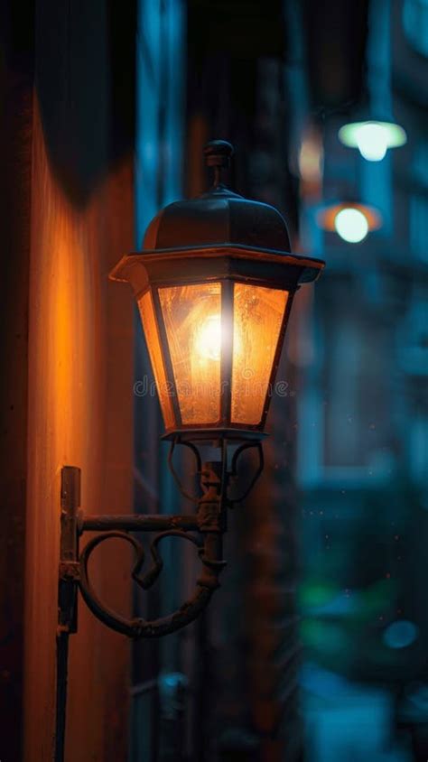 Vintage Street Lamp Glowing at Night Stock Photo - Image of safety ...