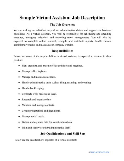 Sample Virtual Assistant Job Description Download Printable Pdf Templateroller