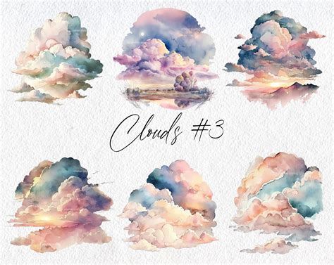 Cute Watercolor Clouds Scenes, Volume 3, Commercial Use Clipart, Sky ...