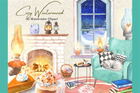 Watercolor Cozy Winter Room Clipart Set Graphic By Nanidream Studio