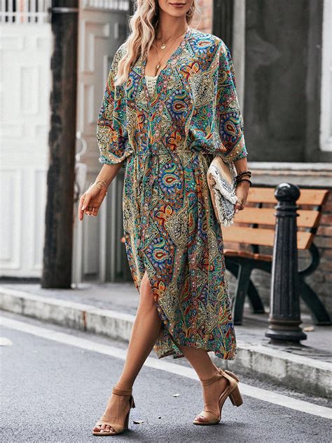 Shein Lune Paisley Print Batwing Sleeve Kimono Shein Usa