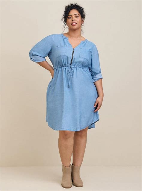 Plus Size Mini Chambray Zip Front Shirt Dress Torrid