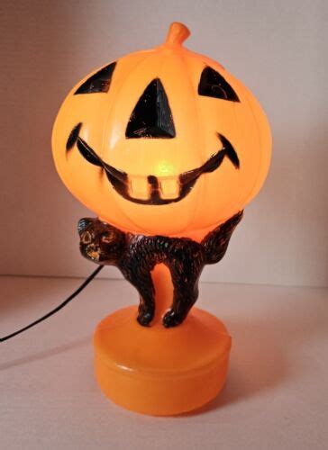 Vintage Halloween Pumpkin Blow Mold With Black Cat Lights Up 1960s Ebay