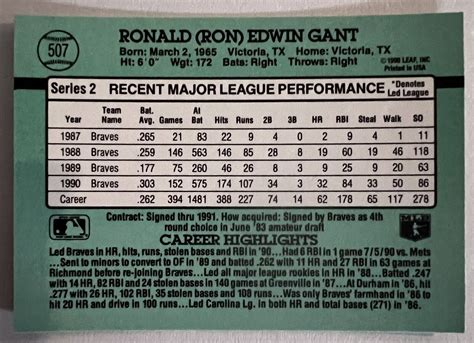 1991 DONRUSS 507 RON GANT ATLANTA BRAVES Rare ERROR Card No Dot After