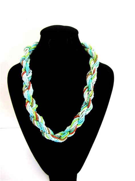 Multi Strand Glass Seed Bead Torsade Necklace In Turquoise Etsy