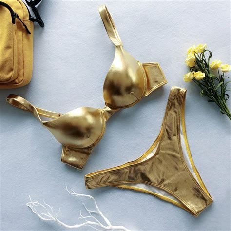 Sexy Reflective Shiny Gold Metallic Brazilian Push Up Bikini Set