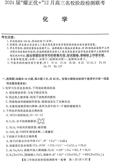 2024届安徽省“耀正优”高三名校期末上学期化学试题（下载版）高考网