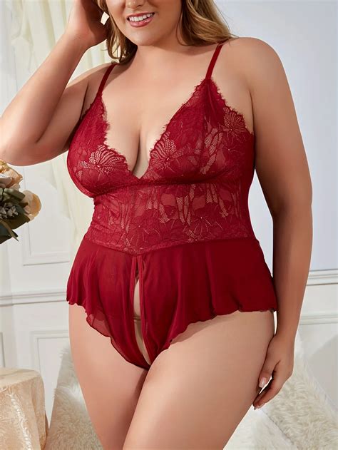 Plus Size Sexy Bodysuit Women S Plus Floral Jacquard Semi Sheer