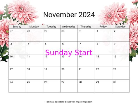 Printable Chrysanthemum November Calendar Sunday First Inkpx