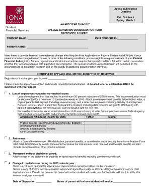 Fillable Online Iona Special Condition Consideration Form Dependent