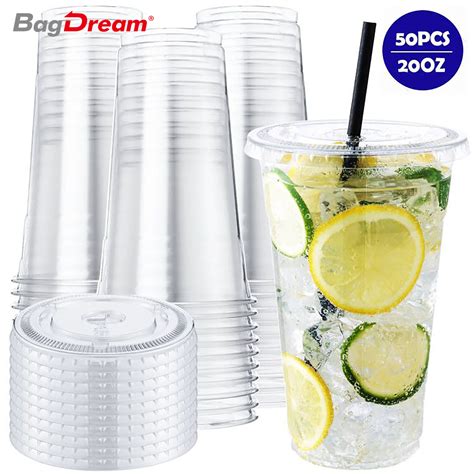 Bagdream 50 Pack 20 Oz Clear Plastic Cups Disco Lids Suitable For