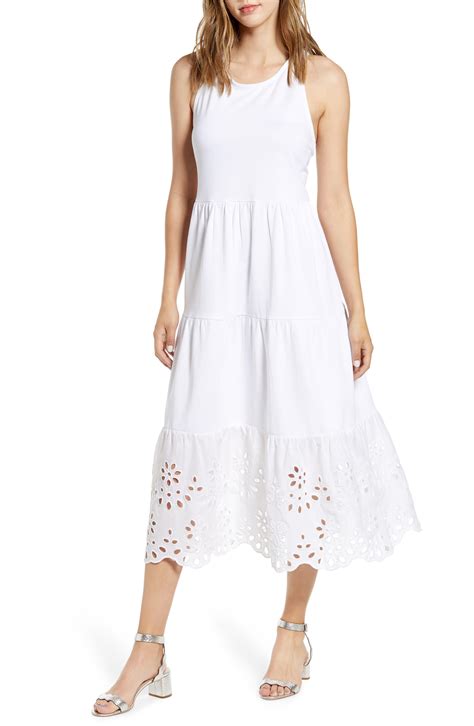 J Crew Cotton Tiered Knit Maxi Dress With Eyelet Trim In White Lyst