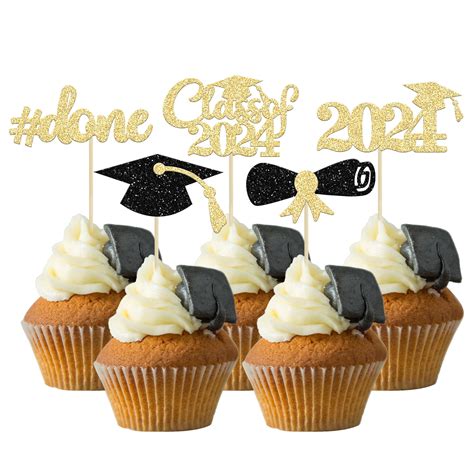 Gyufise 30Pcs 2024 Graduation Cupcake Toppers Gold And Black Glitter