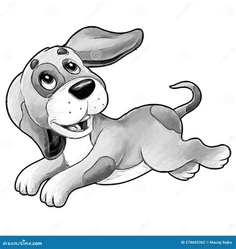 Sketch Cartoon Scene with Happy Farm Dog Having Fun Illustration for
