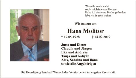 Traueranzeigen Von Hans Molitor Vrm Trauer De