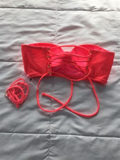 Victorias Secret Beach Sexy Coral Lace Up The Flirt Bandeau Bikini Top