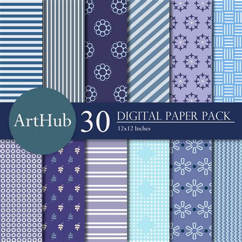 30 Blue Digital Paper Pack Scrapbook Collage Sheets Pattern Design