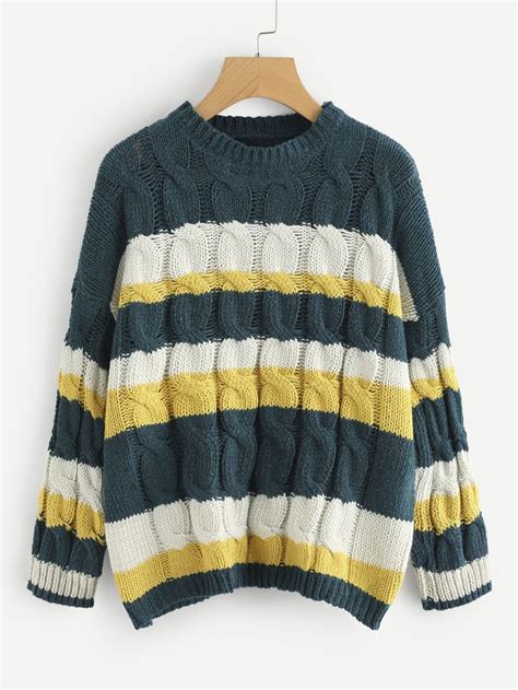 Contrast Panel Drop Shoulder Cable Knit Jumper Cable Knit Jumper