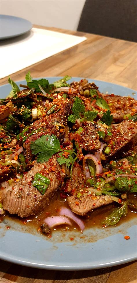 Homemade Thai Spicy Waterfall Beef Salad Nam Tok Moo With Dry Aged