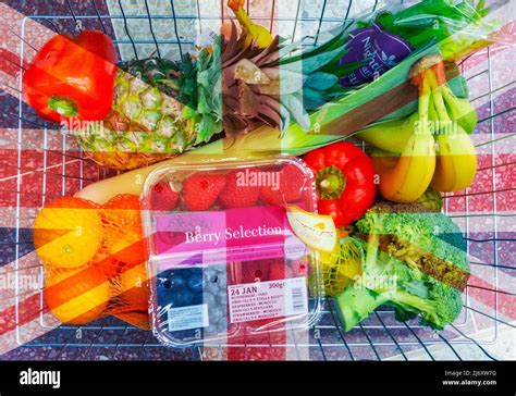 Shopping Basket With Fruit And Veg Uk Flag Overlayed Cost Of Living