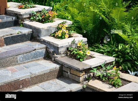 Landscaping On House Stairway With Flowerbeds Home Landscape Design