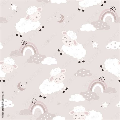 Kawaii cute sheeps seamless pattern. Design for paper goods, background ...