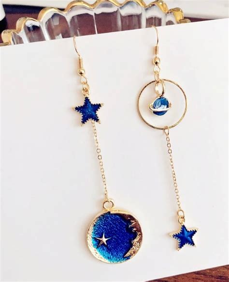 Moon Star Dangle Earrings Planet Earrings Celestial Etsy