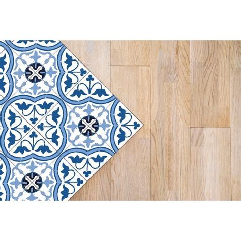 Tapis Vinyle Panorama Carreaux Ciments Fleur Bleu 40x80 Cm Tapis Pour