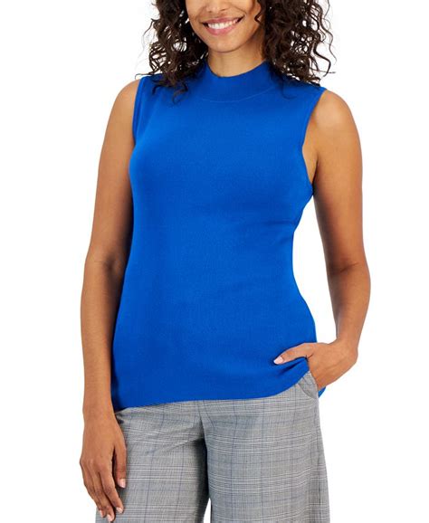 Tahari Asl Womens Mock Neck Sleeveless Ribbed Sweater Macys