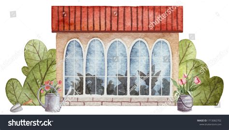 Hand Drawn Watercolor Greenhouse Bushes Gardening 库存插图 1713082702