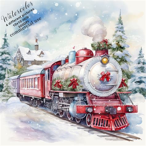 Vintage Christmas Train Digital Download 4 High Quality Watercolor Jpgs ...