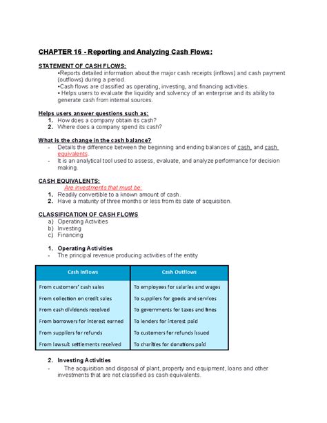 BFIN Chapter 16 Notes - Analyzing Cash Flows in Finance - Studocu