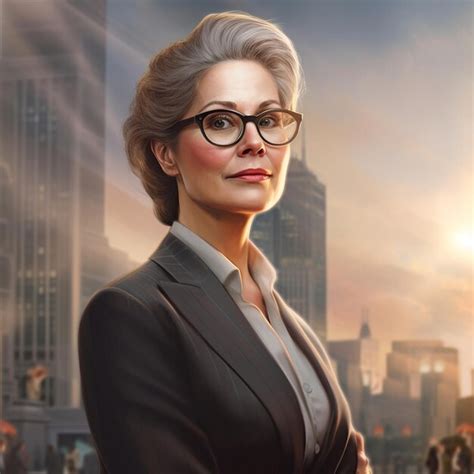 Premium Ai Image A Woman In A Suit And Glasses Stands In Front Of A Cityscape