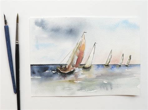 Original Watercolor Painting Of Yacht Sailing Boats At Sea