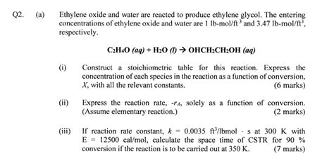 Solved Ethylene Oxide And Water Are Reacted To Produce Chegg