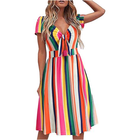 Summer Beach Dresses For Womens Sexy Bow Tie Front Midi Dress Casual Short Sleeve Tunic Party