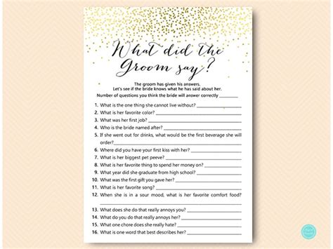 Gold Bridal Shower Games What Did The Groom Say What Did He Etsy