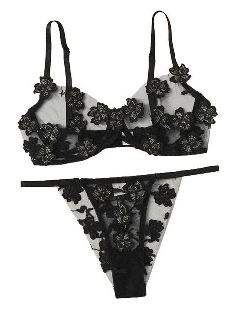 YX2021155 Conjunto Lingerie de Tule Aplicação Flowers Preto