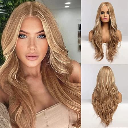 NAYOO Long Brown Mixed Blonde Wavy Wig For Women 26 Inch Middle Part