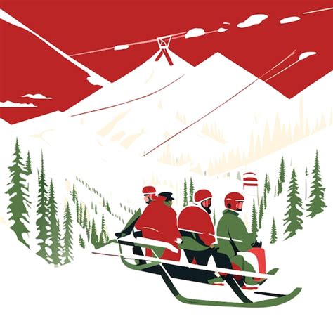 Skiers Riding Chairlift Vector Illustration Flat 2 Premium AI