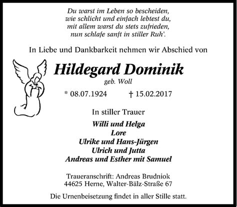 Traueranzeigen Von Hildegard Dominik Trauer In Nrw De