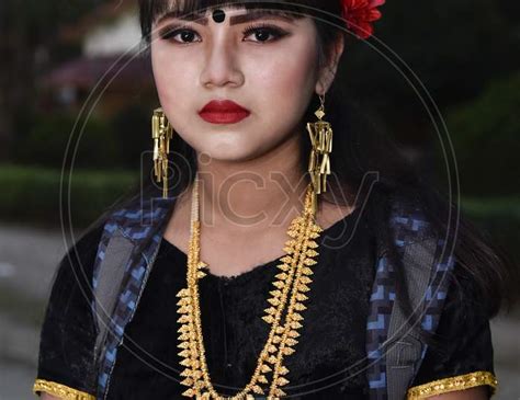 Image Of Assamese Woman In Traditional Assam Clothes During Bihu