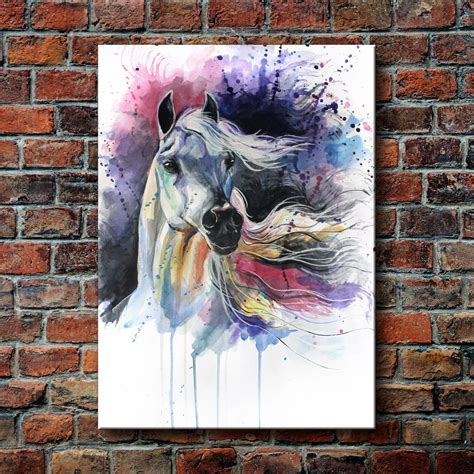 Canvas Prints Poster Wall Art 1 Piece Watercolor Rainbow Horse Painting Abstract Animal Pictures ...