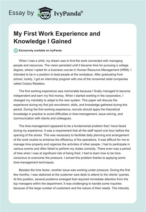 My First Work Experience And Knowledge I Gained Words Essay