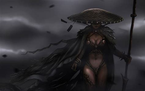 Hd Wallpaper Women Fantasy Storm Cleavage Samurai Hat Fantasy Art