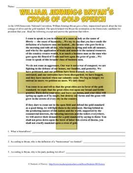 William Jennings Bryan Cross Of Gold Speech Analysis Worksheet