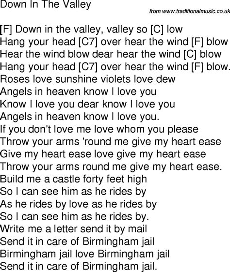 Old Time Song Lyrics With Guitar Chords For Down In The Valley F