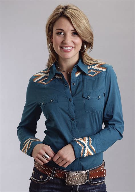 Stetson Women S Teal Embroidered Yoke Long Sleeve Snap Western Shirt